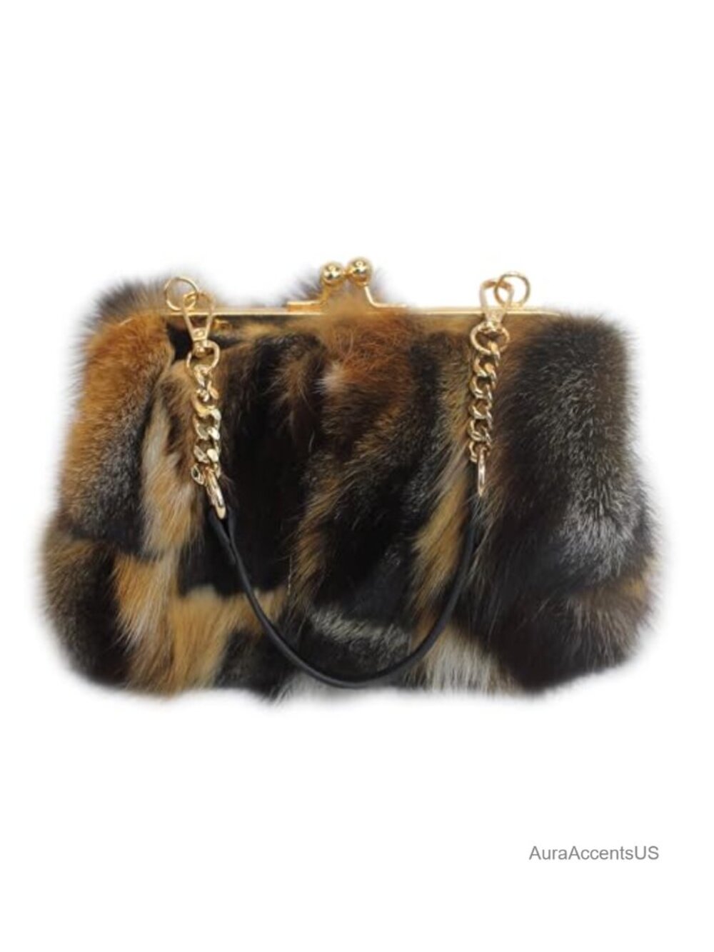 Genuine Fox Fur Clutch Purse Kisslock Chain Crossbody Strap